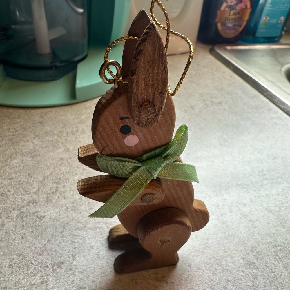 Wooden Bunny Figurine with Green Bow. Vintage. Used